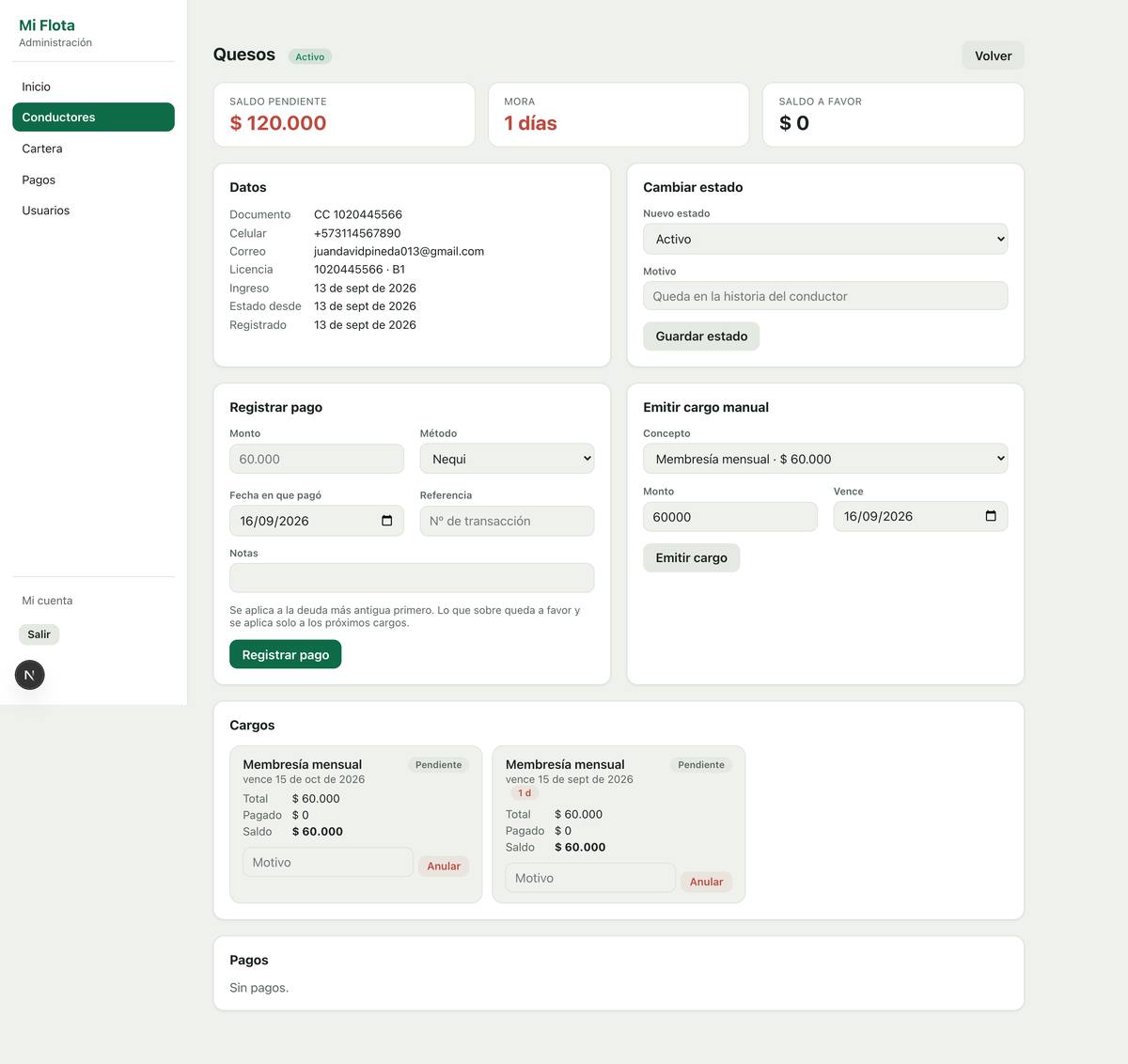 A driver in detail: charges, payments and balance